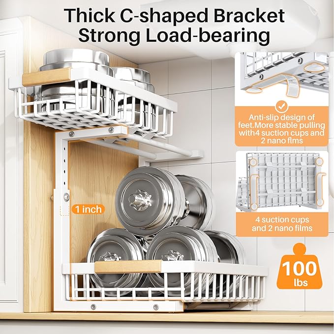 PXRACK 2 Pack Under Sink Organizer,Adjustable Height,2 Tier Pull Out Under Cabinet Organizer,Slide Out Thickened Metal Under Sink Storage for Kitchen Bathroom Laundry Cabinet Pantry,White