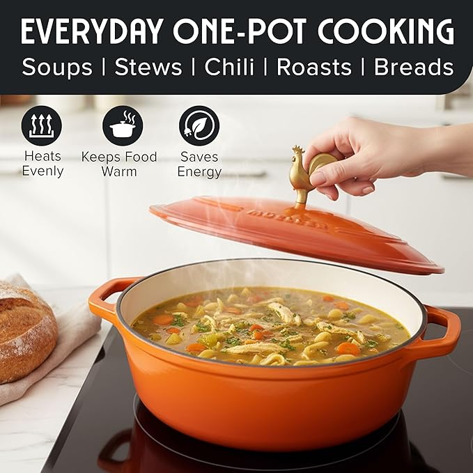 MUELLER HOME 5.5 Quart Enameled Cast Iron Oval Dutch Oven w Rooster Knob & Cotton Potholders, Heavy-Duty Cookware, Oven-Safe up to 500° F & Across All Cooktops, Gifts for Grandma & Women, Orange