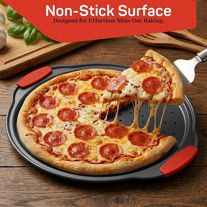 Non-Stick Pizza Pan with Silicone Handle 2 Pack, 13 Inch Round Carbon Steel Tray with Perforated Holes, Dishwasher & Oven Safe Up To 450°F, PFOAPFOSPTFE Free, Durable Nonstick Gray Coating