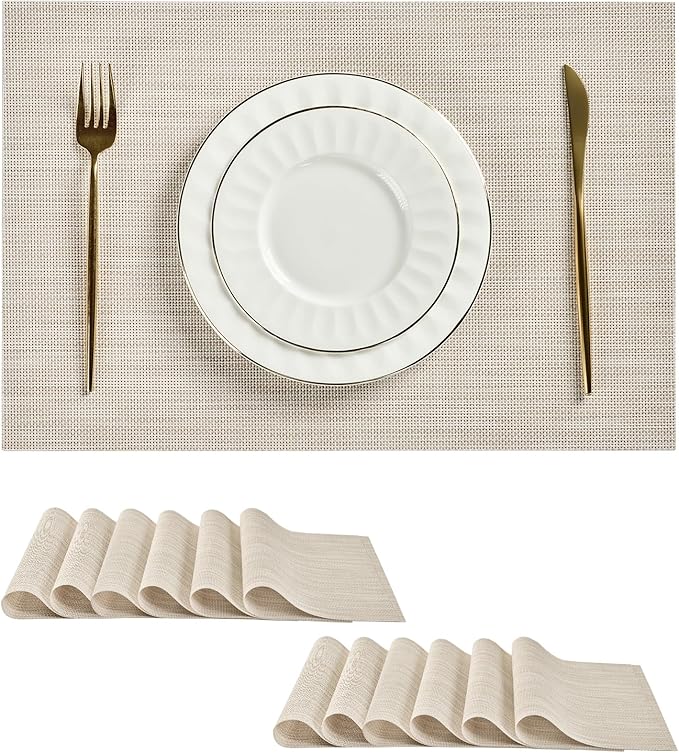 Leetaltree Beige White Placemats Set of 12 - Heat Resistant Non-Slip Place mats for Dining Table, Washable Durable PVC Vinyl Woven Table Mats(Beige White, 12)
