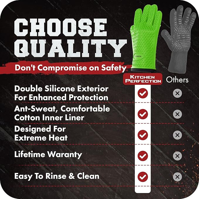 KITCHEN PERFECTION S Silicone Oven & Griddle Gloves -Extreme Heat Resistant BBQ & Grilling Gloves -Handle Hot Food Right on Your Griddle |Waterproof Oven Mitts Grill Gloves |Superior Set+3 Bonuses