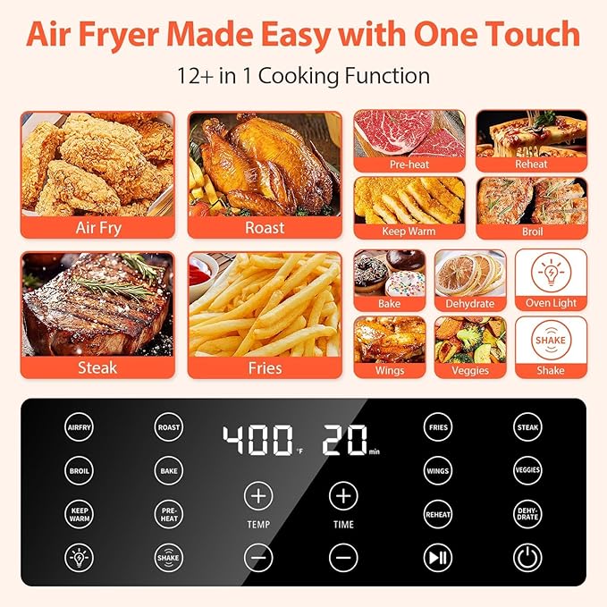 Beelicious 5.8QT Large Air Fryer, 12-in-1 Digital Airfryer with View Window Air Fryers, 40+ Recipes, Flavor-Lock Tech, Dishwasher Safe,Shake Reminder, Compact, Quiet, Nonstick. Black