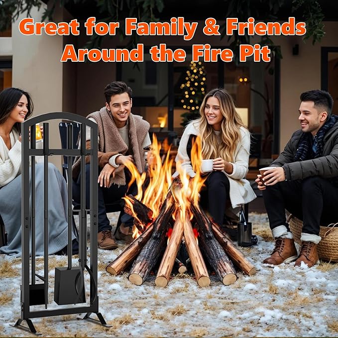6 Pcs Fireplace Tools Set with Log Carrier, HXJLJY 34" Fireplace Accessories Sturdy Fire Tool Set Holder with Fire Poker Brush Shovel Tong Stand for Indoor Fireplace Outdoor Fire Pit Wood Stove, Arch