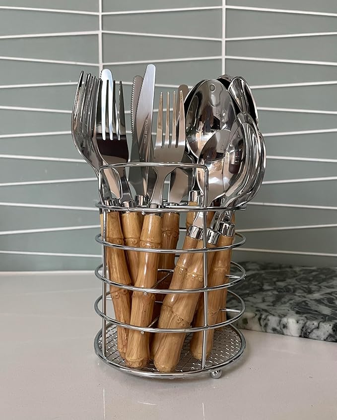 The Original Brink House Beyond Bamboo Stainless Steel Cutlery Set with Naturalistic Bamboo Handles / 16 pieces with Metal Stand, Lifestyle utensils set for home, first apartment, dorm, outdoor events