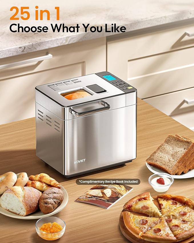 KOVIET 25-in-1 Bread Maker Machine with Automatic Dual Dispenser, 2LB Stainless Steel Breadmaker with Gluten-Free, Dough, Jam, Yogurt etc Settings, Silver