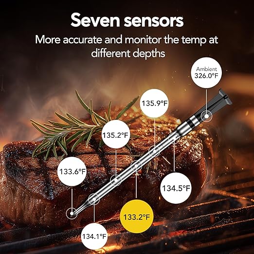 WiFi Sub-1G Wireless Meat Thermometer Unlimited Range 7 NIST Certified Sensors with Ambient Temp 2 Temp Monitoring Ways Digital Smart Base and App for BBQ, Smoker, Grill, Oven (2, black, small)