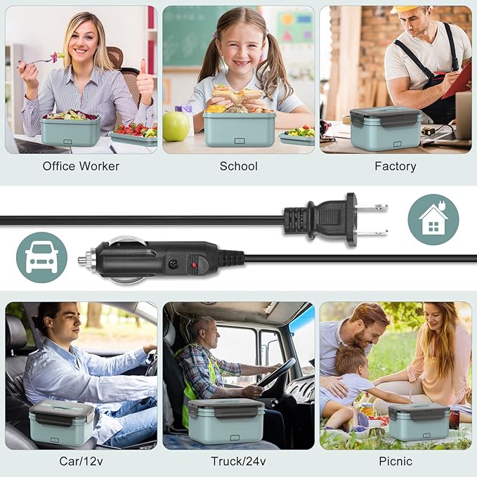 Herrfilk Electric Lunch Box Food Heater 100W, 4 in 1 Ultra Quick Heated Lunch Boxes for Adults 12V/24V/110V/220V Portable Food Warmer for Car/Truck/Office With Fork Spoon and Insulated Carry Bag