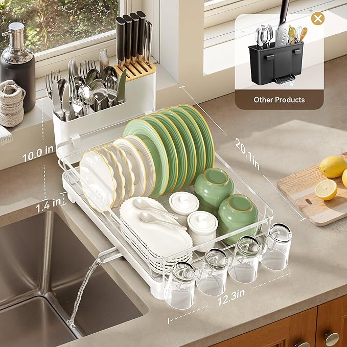 Runnatal Dish Drying Rack, Stainless Steel Dish Rack with Drainboard for Kitchen Counter and Sink, Detachable 2-in-1 Utensil Holder, Cup Holder, Large Capacity Dish Drainer, White