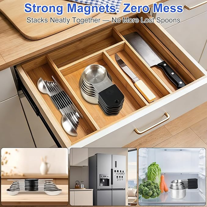Magnetic Measuring Cups & Spoons Set, Strong N45 Magnets, Heavy Duty Stainless Steel Fits in Spice Jars for Baking & Cooking, BPA Free, Round Set of 15 with Leveler,Dark Black
