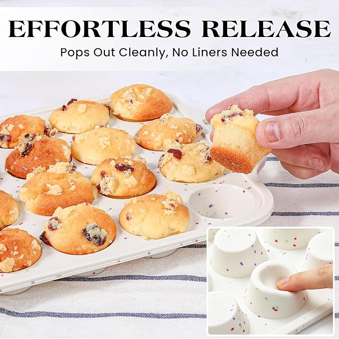 2 Pcs Mini Muffin Pans with Metal Reinforced Frame, 24 Cups Nonstick Silicone Cupcake Tray for Baking, Food Grade Small Muffin Molds with Handles (Cream)