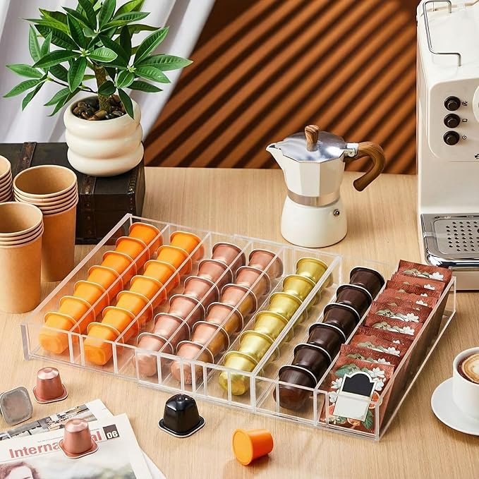 Briwooody Expandable Acrylic Coffee Pod Holder Holds 35 to 70 Capsules or 105 Tea Bags, Compatible with Capsules Coffee Pod Tea Organizer Drawer Organizer 10 Adjustable Compartment