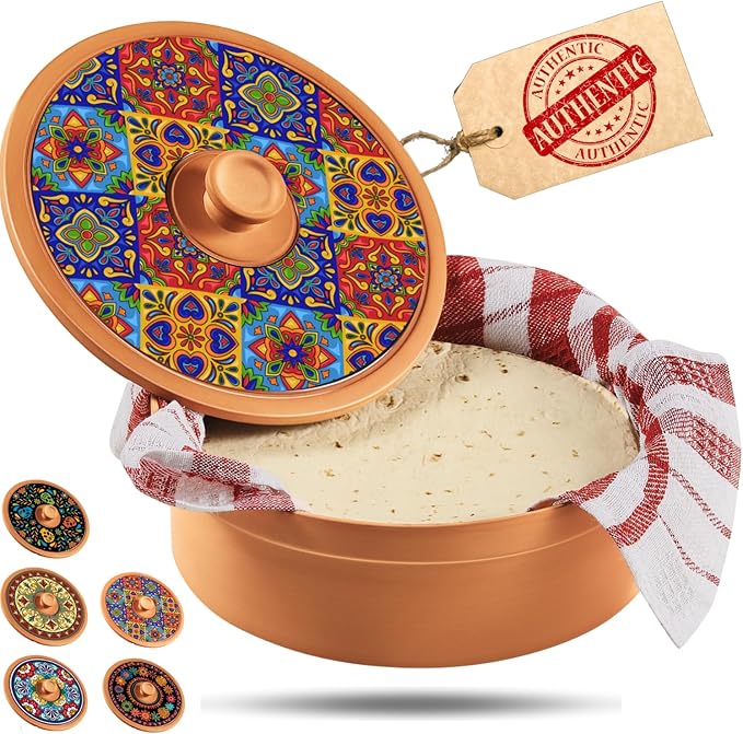 Authentic Terracotta Tortilla Warmer w Decorative Lid, Mexican Terra Cotta Tortillas Holder w Warmer Cloth, Traditional Clay Tortilla Container Heater & Tortillero - Mediterranean Talavera