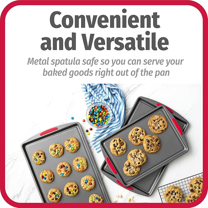 GoodCook MegaGrip Set of 3 Nonstick Steel Multipurpose Cookie Sheets with Silicone Grip Handles, Gray