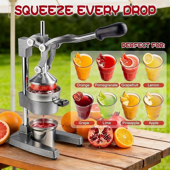 Cast Iron Juicer Hand Press - 13.8LB Heavy Duty Manual Citrus Orange Squeezer, 304 Stainless Steel Cup & Strainer, Professional Lemon Grapefruit Pomegranate Press for Home Bar Kitchen, Grey