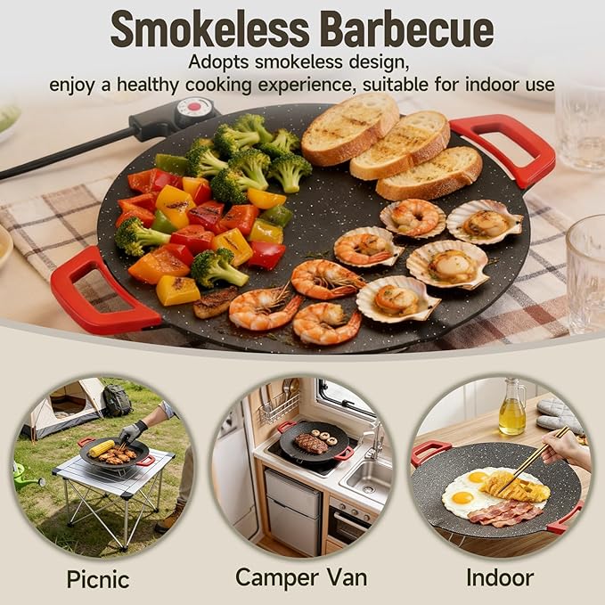 Non-Stick Electric Indoor Grill Pan, Large Round Electric Griddle & Smokeless Korean BBQ Grill Indoor - fast heating, portable, for burgers, pancakes & stovetop use (Extra Large)