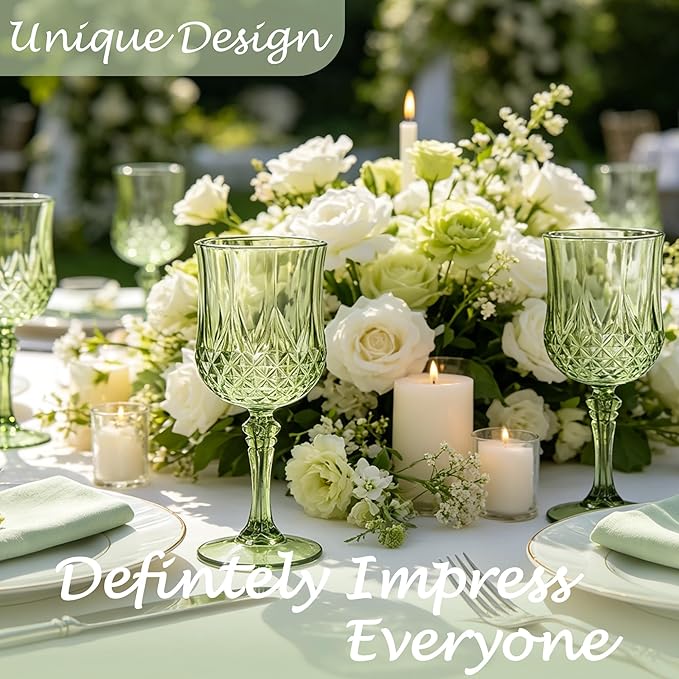 Plastic Wine Glasses, Plastic Goblets Vintage Style Cordial Unbreakable Drinking Glasses, Reusable Drinkware for Wedding Reception, Grand Event Party Supplies (100, New Green)