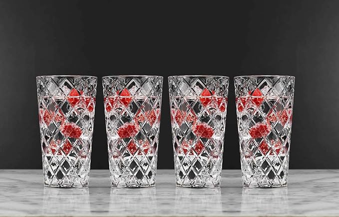 Glaver's Drinking Glasses Set of 4. Tall Highball Glasses. 14oz. Textured Diamond Cut Elegant Drinking Glass Cups- Kitchen Glassware for Water, Iced Tea, Juice, Cocktail.