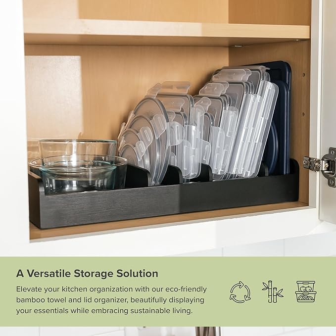 KitchenEdge Bamboo Kitchen Towel and Food-Storage Organizer, Perfect for Kitchen Drawers, Cabinets, Pantry, 5 Adjustable Wall Inserts, Non-Slip Feet, Food-Safe Black Finish