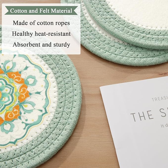 SHACOS Sage Green 8 Inches Trivets for Hot Dishes, 4 Pieces Cotton and Felt Floral Pattern Trivet Mats for Kitchen, Hot Pads for Countertops, Table, Heat-Resistant Pot Holders for Hot Pots and Pans