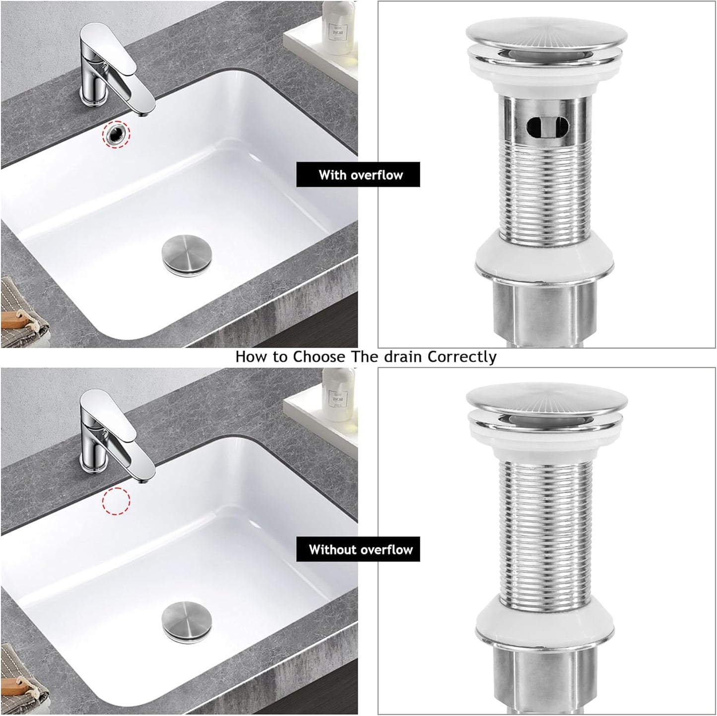 Bathroom Sink Drain,2 Pack Drain Stopper with Overflow,Pop Up Drain Assembly with Detachable Strainer Basket,Built-in Anti-Clogging, Stainless Steel Nut Brushed Nickel