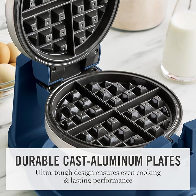 Martha Stewart Rotating Waffle Maker, 180° Flip Iron with PFAS-Free Nonstick Plates, Adjustable Timer, Ready Light, Drip Tray, Space Saving, Classic Round 7”, Easy to Clean, Stainless Steel, Indigo