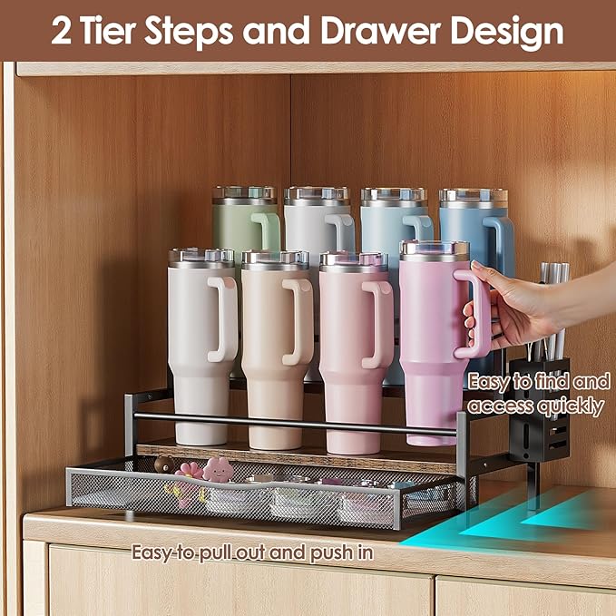 Water Bottle Organizer for Full Stanley 40 oz Tumbler with Handle, 2 Tier Tumbler Organizer for 8 Cups, Kitchen Pantry Organizers and Storage for Owala Stanley Cup Accessories, Brown