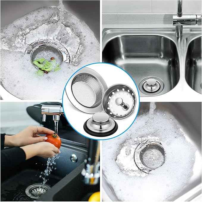 Mudder 3 Pcs Kitchen Sink Drain Strainer and Stopper Stainless Steel Garbage Disposal Plug with Handle Universal Anti-Clogging Kitchen Sink Filter Sieve Basket Strainer (Silver)