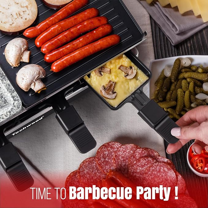 Raclette Grill, Techwood Electric Indoor Grill with 2 Reversible Non-stick Grill Griddle Plates, 1 Stone Grill Plate, 1500W Fast Heating with 8 Cheese Pans, Ideal for Parties and Family Fun, Black