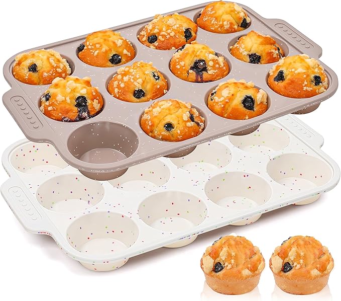 2 Pcs Silicone Muffin Pans for Baking with Metal Reinforced Frame, Nonstick Cupcake Tray for Oven, 12 Cups Regular Size Silicone Molds for Egg Bites, Dishwasher Safe (Brown, Cream)