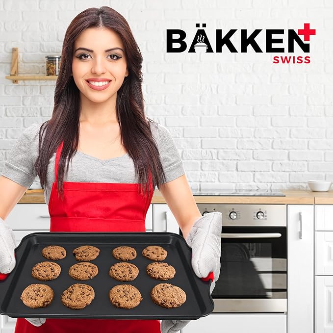 Nonstick Cookie Sheet Pan Carbon Steel Oven Tray Sheet Pan with Red Silicone Handles -large Bakeware Pan Tray with Gray Coating Inside & Outside (Pack of 2)
