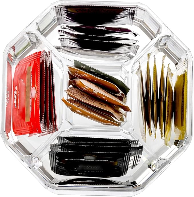 Hiceeden Acrylic Tea Bag Organizer, 5 Compartment Sugar Packets Holder Divided Coffee Condiment Storage Caddy Box for Kitchen Cabinet, Countertop, Tabletop