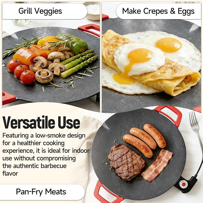 Low-Smoke Electric Grill Pan Indoor Nonstick Griddle 800W/1000W 5 Heat Settings with Random 4-Piece Accessories Easy to Clean