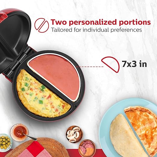 Holstein Housewares Stainless Steel 2 Section Omelet & Frittata Maker, Non Stick Coating, Easy To Clean, Indicator Lights, Compact Storage, Prepare Versatile Recipes in Minutes. 2 Portions, Red