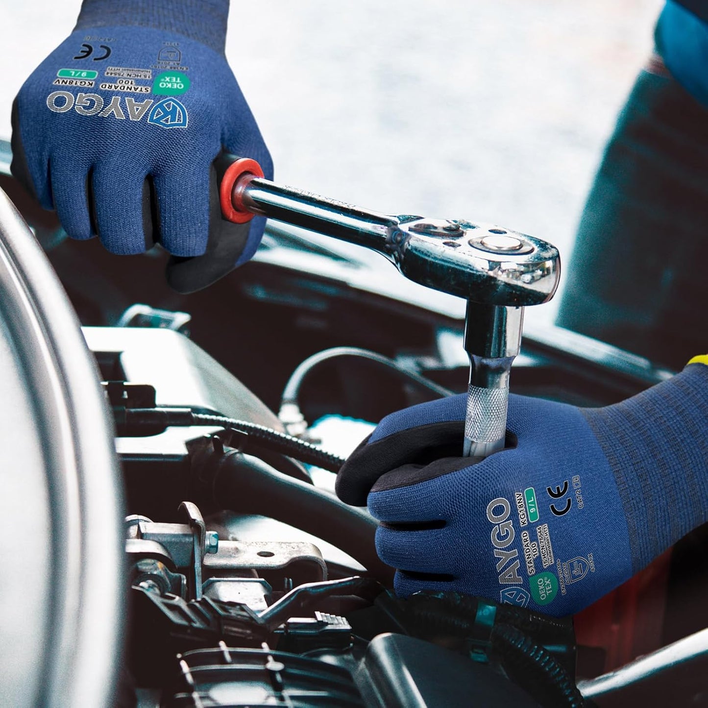 KAYGO Safety Work Gloves MicroFoam Nitrile Coated-12 Pairs, KG18NB,Seamless Knit Nylon Glove with Black Micro-Foam Nitrile Grip,Ideal for General Purpose,Automotive,Home Improvement, Dark Blue, L