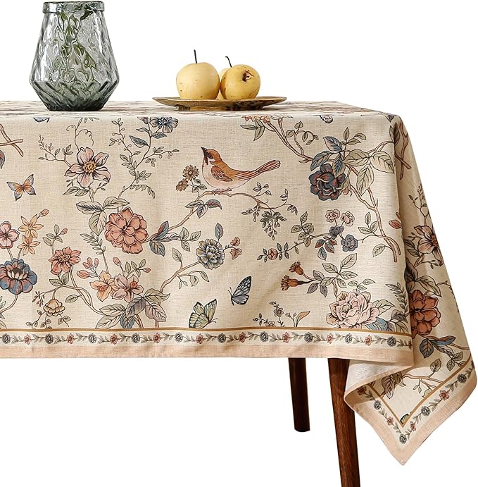 ISAENNE Designer French Light Beige Small Rectangular Tablecloth,Linen Florals and Birds Pattern Table Cloth,Anti-Wrinkle Decorative Tablecloths for Dining Thanksgiving Kitchen,55"*71"-Cornucopia