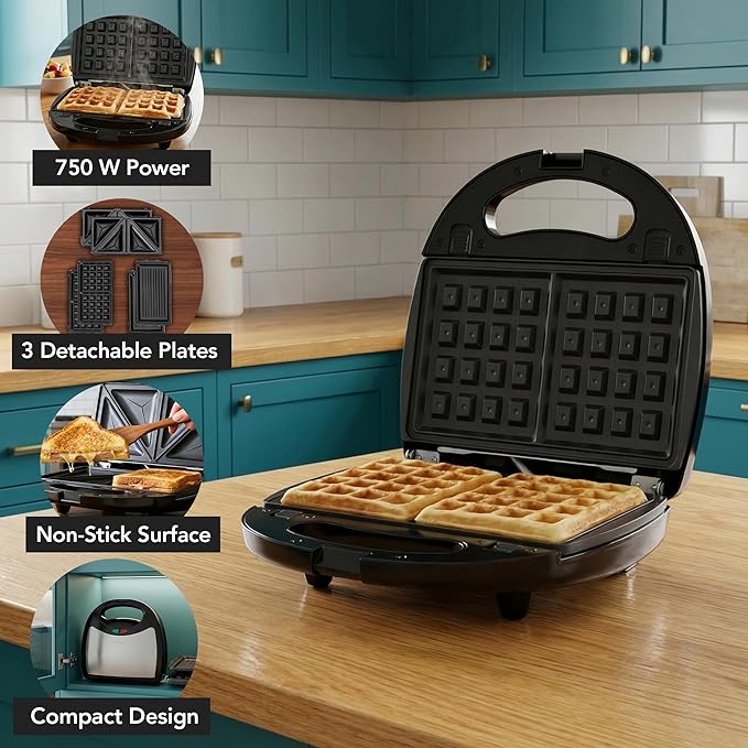 OVENTE 3 in 1 Electric Sandwich Maker, Panini Press Grill and Waffle Iron Set with Removable Non-Stick Plates, Perfect for Cooking Grilled Cheese, Tuna Melts, Burgers, Steaks and Snacks, Black GPI302B