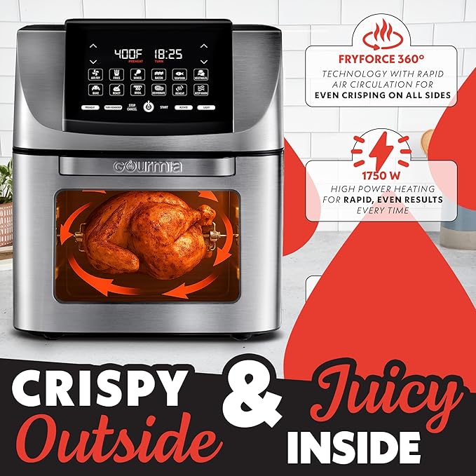 Gourmia Air Fryer - 14 Qt All-in-One Rotisserie Oven with Digital Display, 12 Presets, Roast, Bake, Broil, Dehydrate, Dishwasher Safe Accessories, Stainless Steel