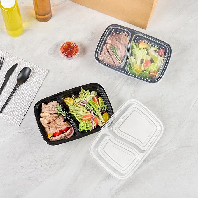 Restaurantware Asporto 32 Ounce Compartment Take Out Boxes 100 Microwavable Meal Prep Containers - 2 Compartments With Clear Plastic Lids Black Plastic Food Containers Do Not Contain BPA