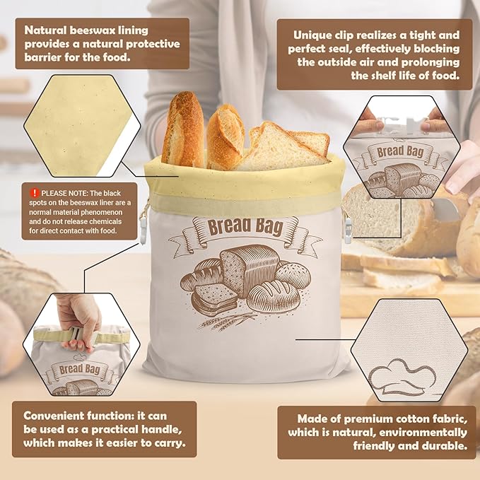 Cotton Beeswax Bread Bag (2 Pack) Reusable Double-Lock Freezer Safe for Homemade Sourdough Bread Food Storage Gifts for Sourdough Bakers (Pattern 2)