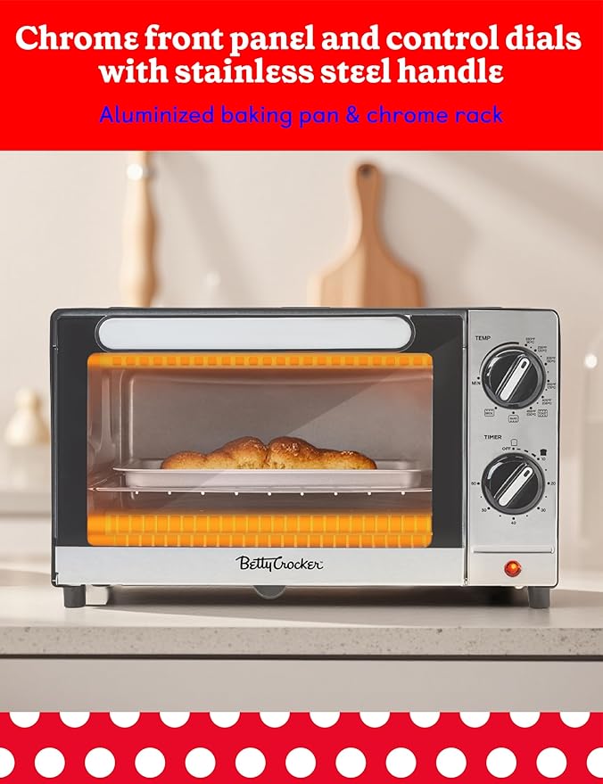 Betty Crocker 9L Toaster Oven, 2-Slice Toaster with Chrome Plated Front, Stainless Steel Handle, Bake, Broil & Toast Functions, Easy Control Dials, Includes Baking Pan & Rack, BC-5665B, Black/Silver