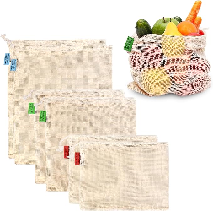 Ycsst Reusable Produce Bags 6 Pack, Cotton Mesh Vegetable Bags for Grocery Shopping, Washable Mesh Produce Bags for Fruits & Vegetables Storage (2S,2M,2L)