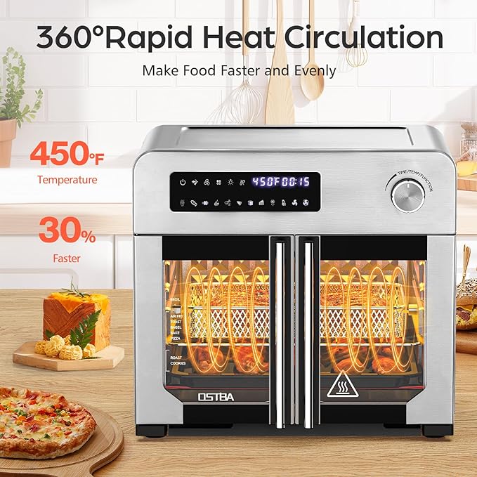OSTBA French Door Air Fryer Toaster Oven Combo, 24 QT Extra Large Capacity 10-in-1 Airfryer Oven, 30% Faster 90% Less Oil, 102 Recipes & 7 Accessories, Stainless Steel