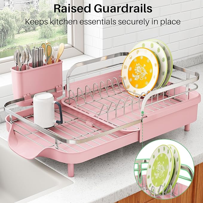 SAYZH Dish Drying Rack - Expandable Dish Rack for Kitchen Counter, Rust-Resistant Dish Drainer with Utensil Holder and Raised Guardrail, Kitchen Organizer for Cup and Bottle (Pink)