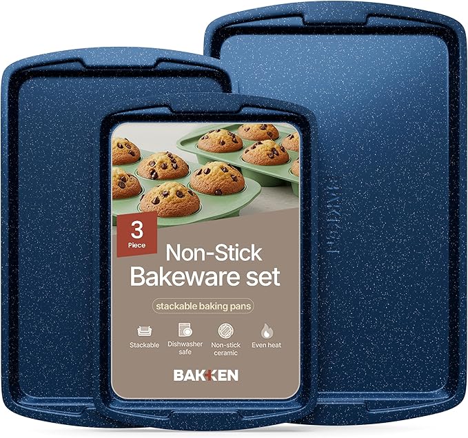 BAKKEN Kitchen Baking Pan Set - Nonstick Coating, Commercial Grade Carbon Steel Bakeware Sets, Baking Kitchen Essentials, PFOA, PFOS, PTFE Free, Oven Safe Tray (Up To 450° F), Set of 3, Blue Marble