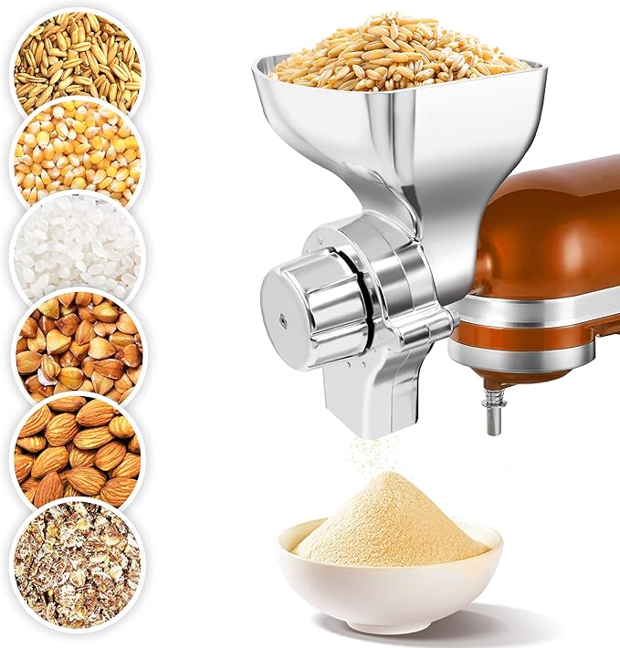 Premium All-Metal Grain Mill Attachment for KitchenAid Stand Mixers, 12-Level Adjustable Flour Mill Grinder for Wheat, Oats, Corn, Rice, Non-Oily Dry Grains - Includes Cleaning Brush
