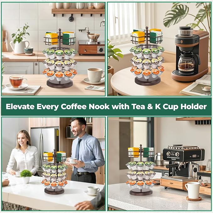 EsLuker.ly K Cup Holder Coffee Pod Organizer Carousel for Countertop, Rotatable Metal 4-Tier Storage Rack Stand for 30 K Cups & Tea Bags, Convenience Meets Elegance, Coffee Brown