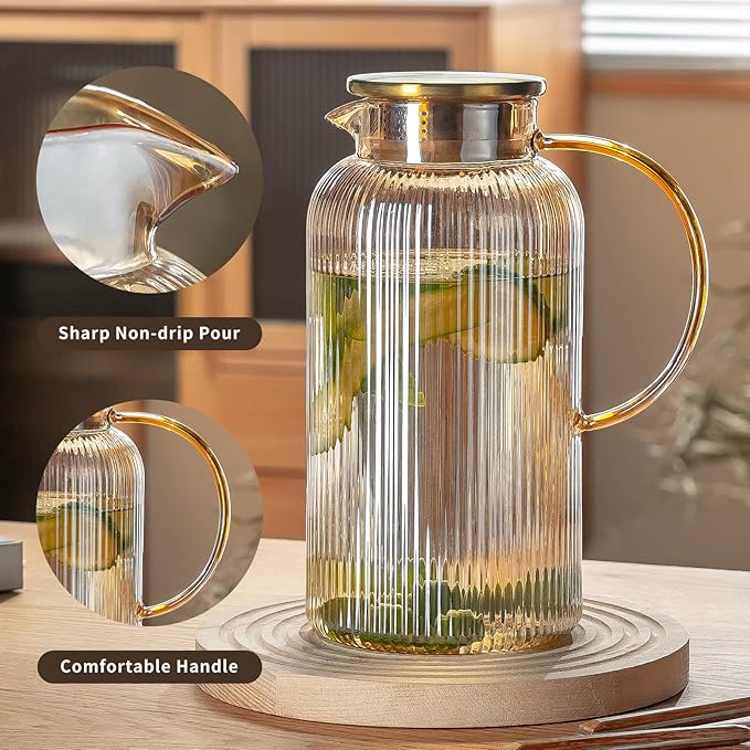 Buaic Glass Pitcher with Lid, 84oz/2.5 Liter Amber Classic Vertical Stripes Water Pitcher,Glass Water Carafe for Cold Brew, Coffee, Lemonade, Iced Sun Tea,Beverage, Milk, Heat Resistant