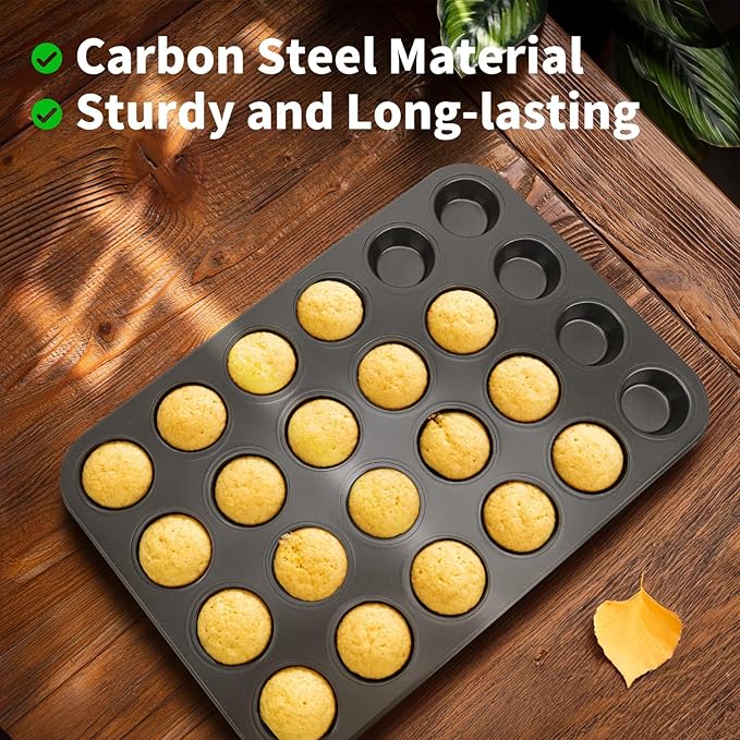 Beasea Nonstick Mini Muffin Pan 24 Cups, 2 Pack 24 Mini Small Tiny Cup Non Stick Muffin Baking Pan Tin Tray Carbon Steel Bakeware Individual Cupcake Baking Pan - Black