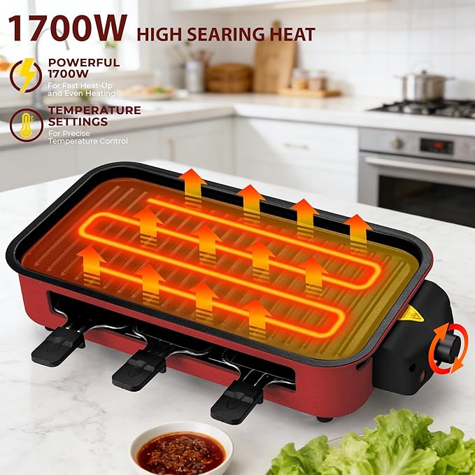 Pukomc Electric Indoor Grill,2 in 1 Indoor Grills for Kitchen with Grill Net & Non-Stick Cooking Removable Plate, Temperature Control, Dishwasher Safe, 1700W RED