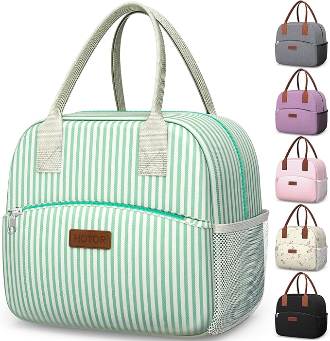 HOTOR Lunch Bag for Women & Men - Wear-Resistant Insulated Lunch Box with Large Capacity, Multi-Functional Cooler Bag for Office, Picnic, Green and White Stripes, 10L,10.60" x 5.90" x 9.50"